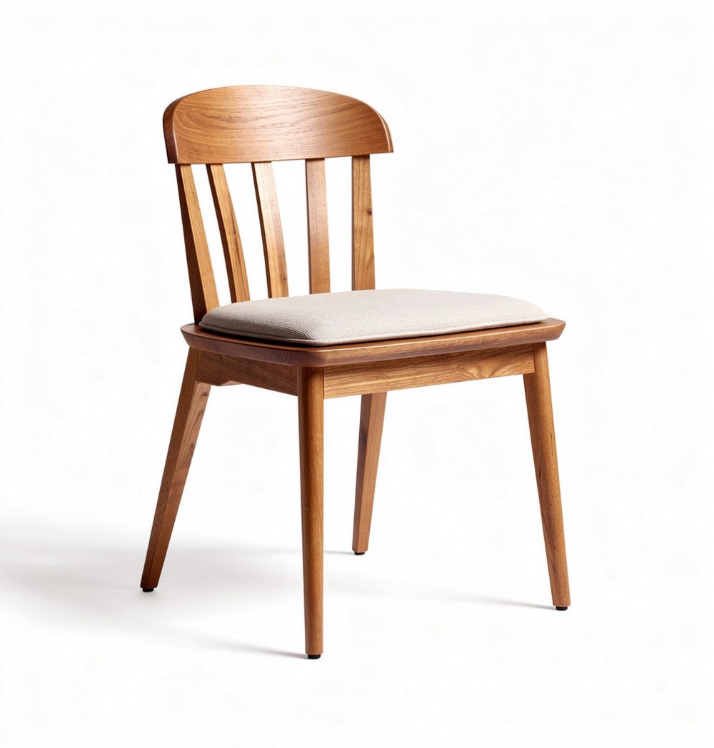 Wooden dining chair with beige cushioned seat and slatted backrest 45 x 45 x 85cm