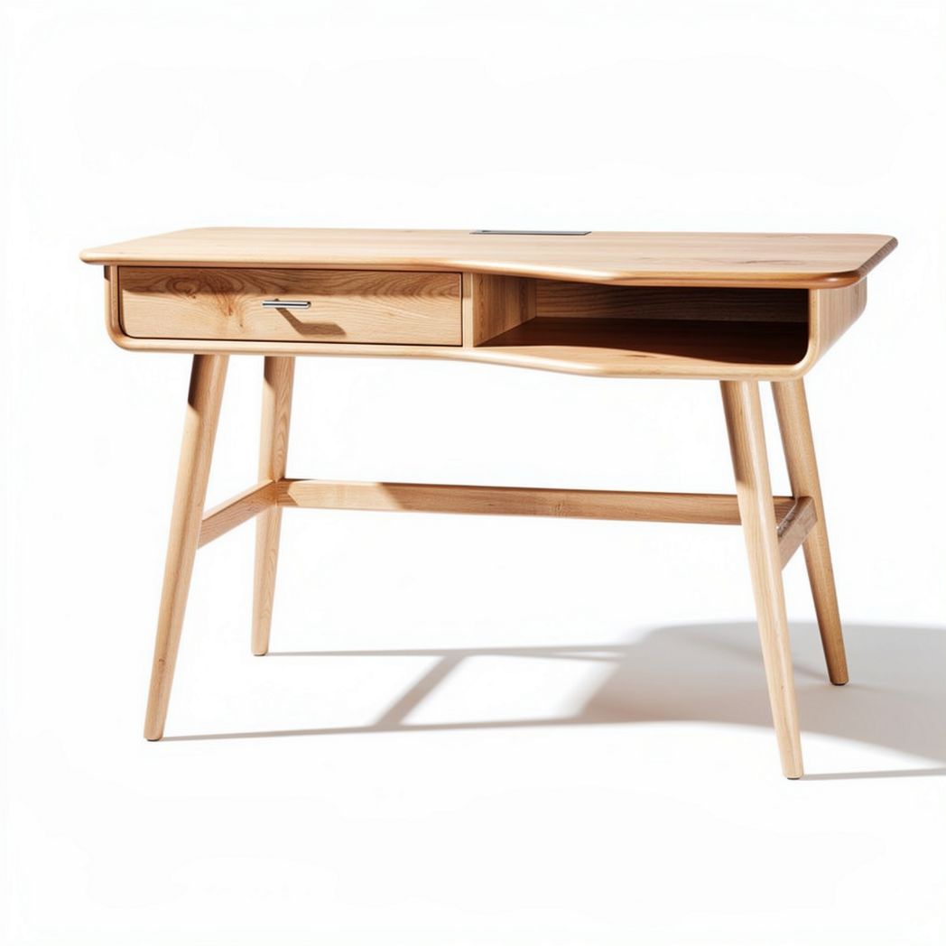Natural wood home office desk with drawer and open storage 120 x 60 x 75cm