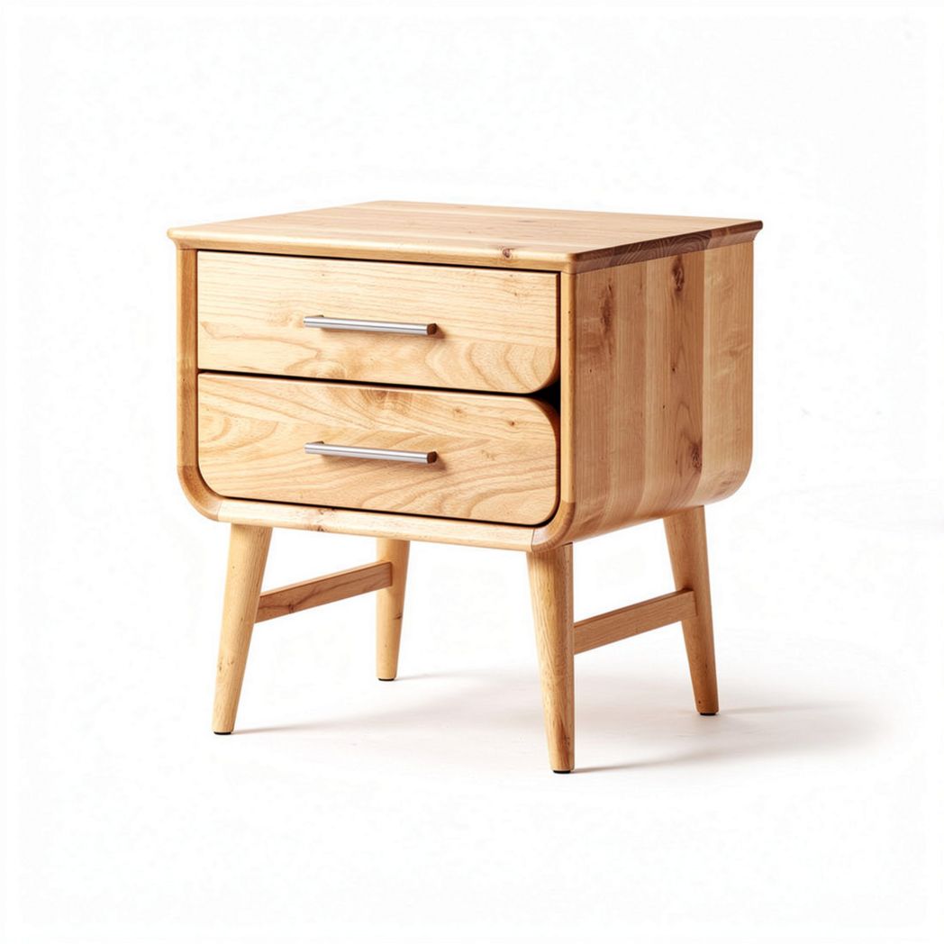 Natural wood bedside table with two drawers and tapered legs 40 x 40 x 45cm
