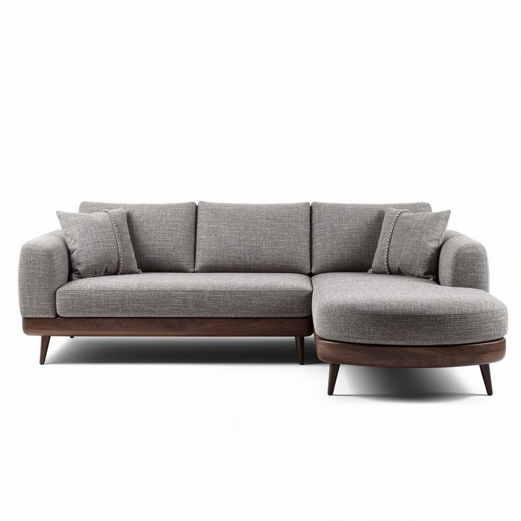 Modern sectional sofa with gray fabric upholstery and wooden legs 210 x 90 x 85cm