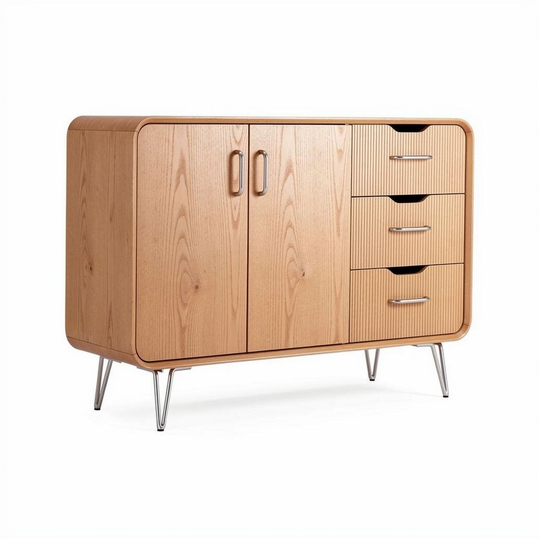 Wooden sideboard with doors and drawers 120 x 40 x 80cm in natural finish