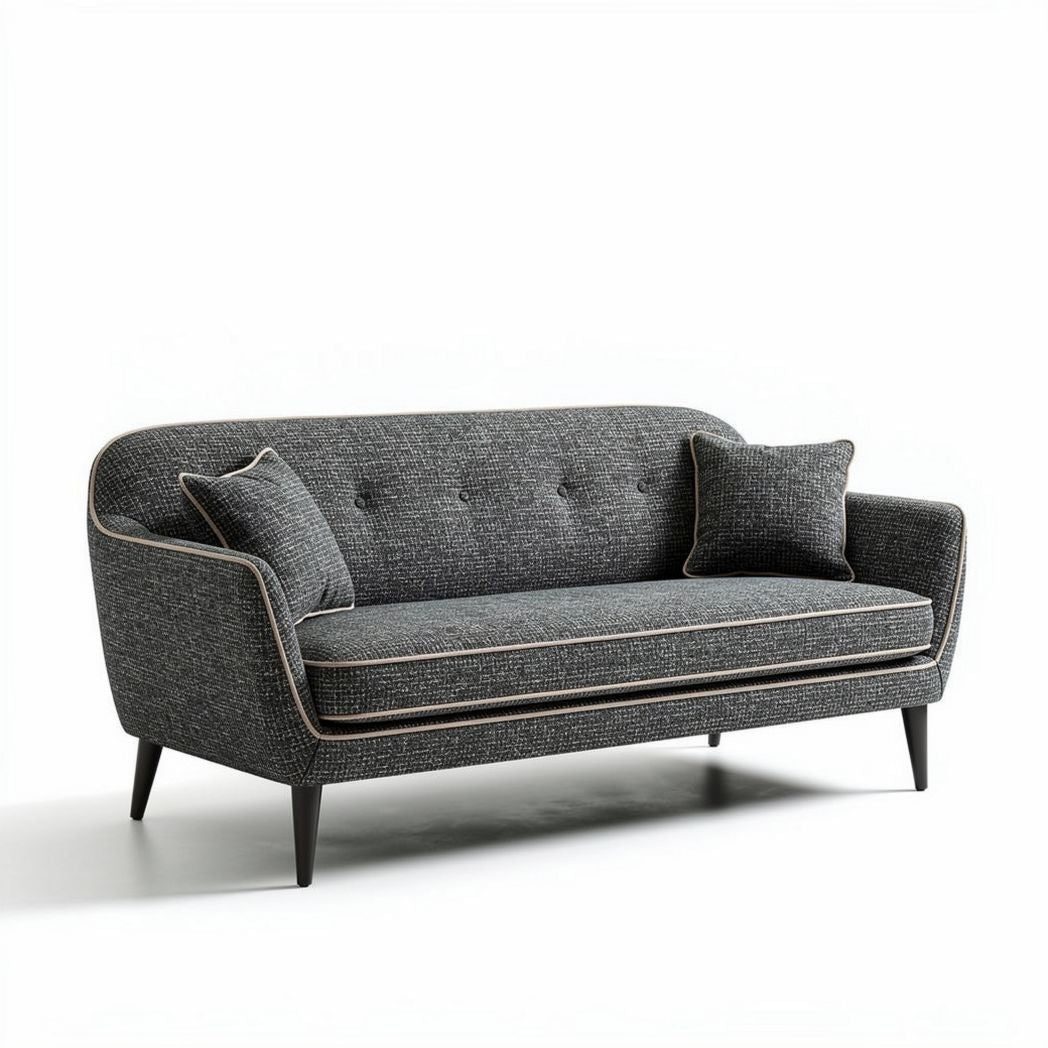 Two-seat sofa with contemporary design and gray woven fabric upholstery