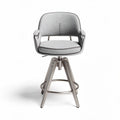 Adjustable height bar stool with metal base and fabric upholstery in gray
