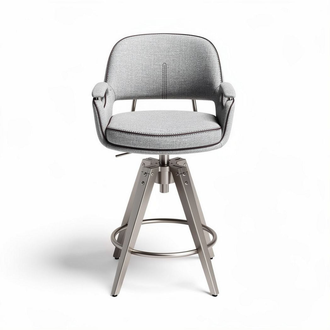 Adjustable height bar stool with metal base and fabric upholstery in gray