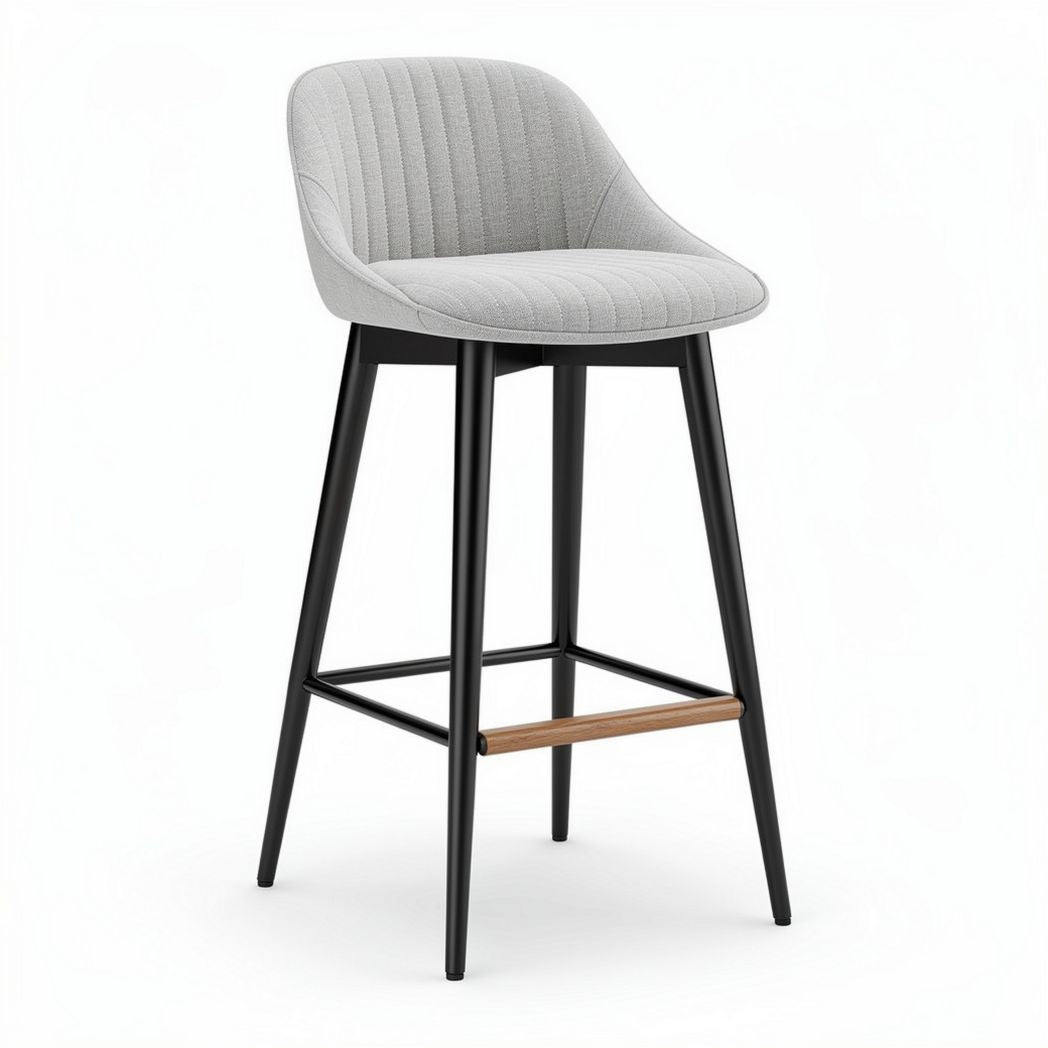 Grey upholstered bar stool with metal legs and wood accents 45 x 45 x 100cm