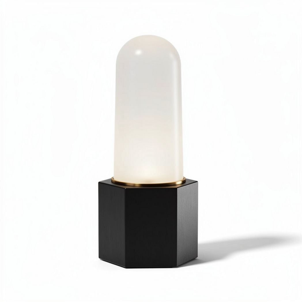 Modern table lamp with opaque glass shade and wooden base 10 x 10 x 25cm