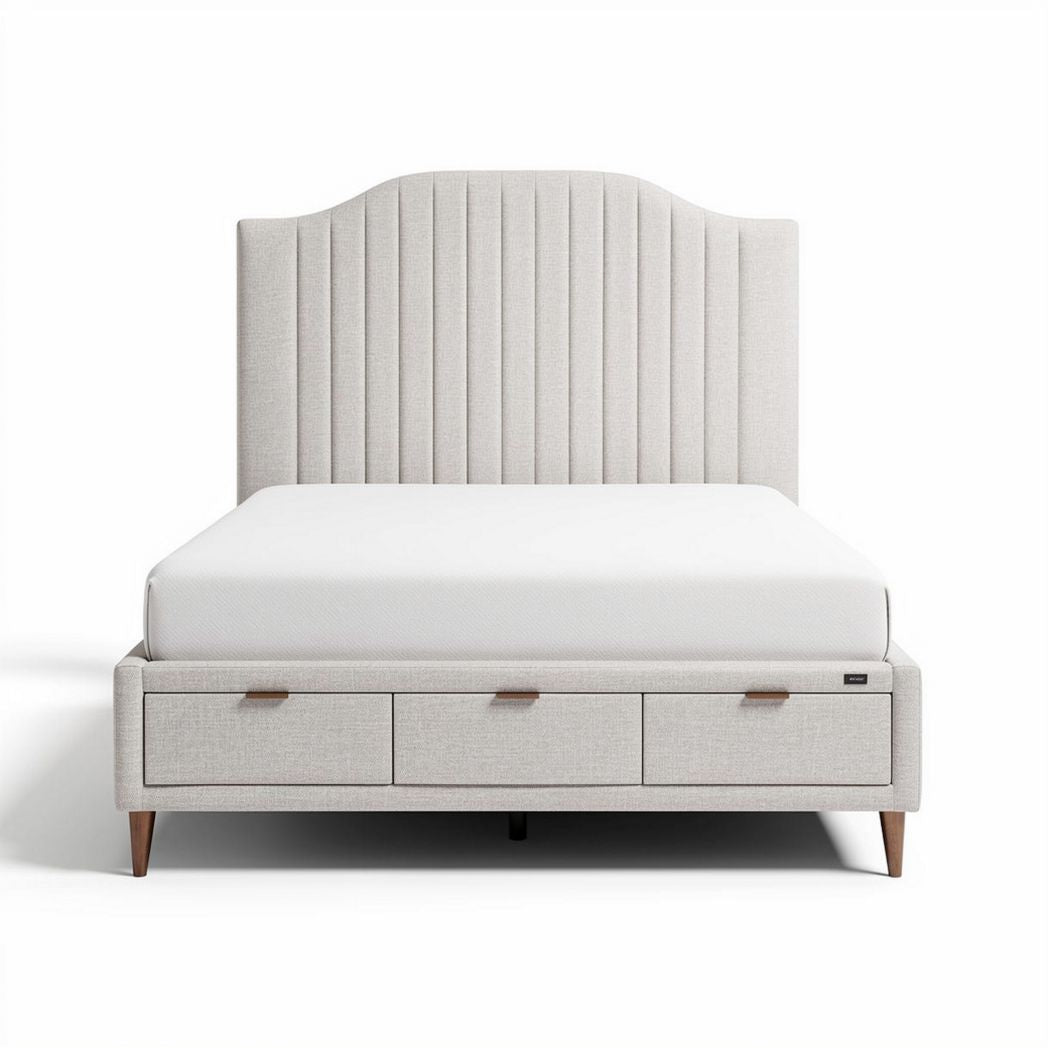 Upholstered bed frame with storage drawers and tufted headboard in beige 201 x 157 x 111cm