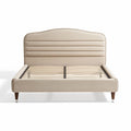 Beige upholstered bed frame with wooden legs and slatted support 200 x 150 x 100cm