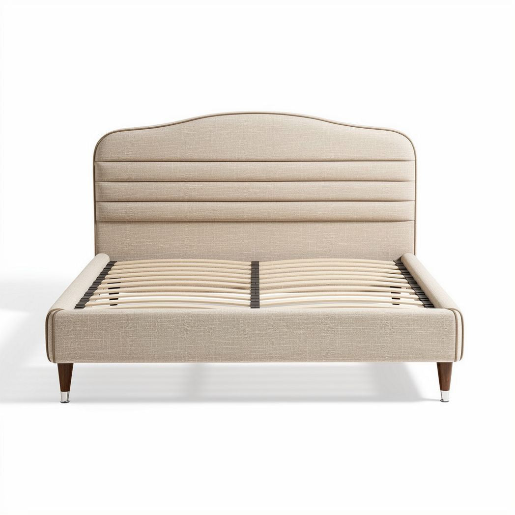 Beige upholstered bed frame with wooden legs and slatted support 200 x 150 x 100cm