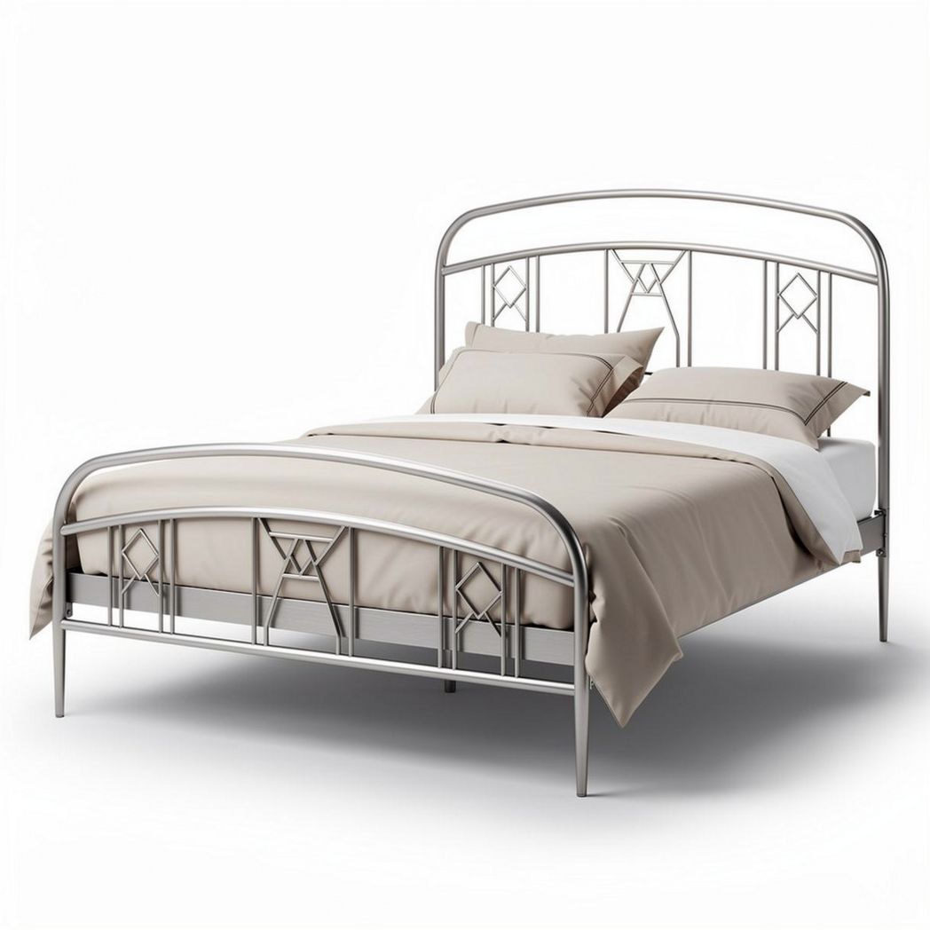 Metal frame bed with geometric headboard in silver finish 200 x 150 x 100cm
