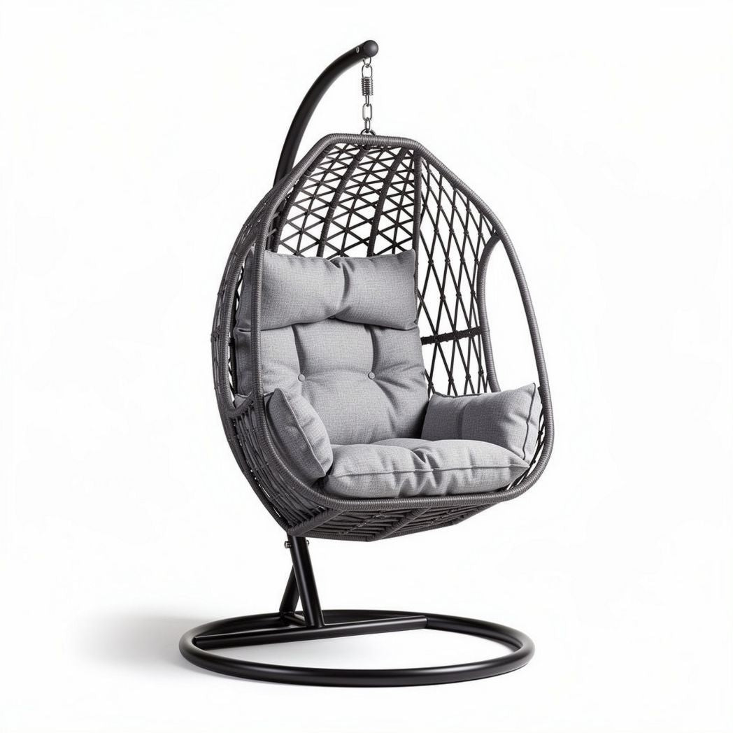 Hanging egg chair with removable cushions and metal frame in gray 90 x 75 x 120cm